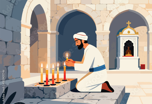 Man in white robe and turban lighting candles near an altar with a cross