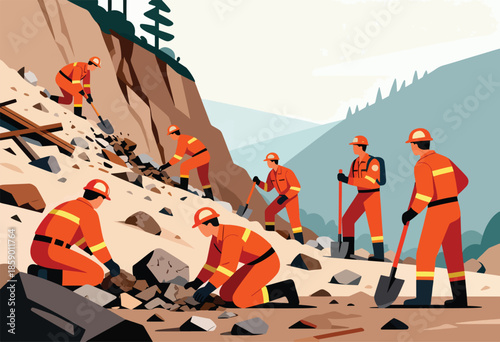 Rescue workers in orange suits clearing debris from a landslide