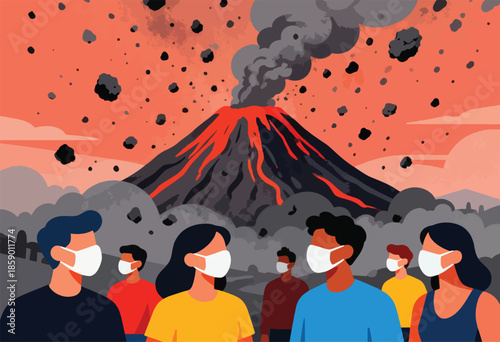 People wear masks as a volcano erupts, spewing ash and rocks
