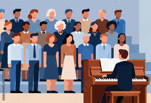 Diverse group singing in choir with pianist