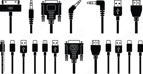 Black silhouette computer cable connectors set, USB HDMI audio video adapters isolated on white background, technology wiring illustration vector