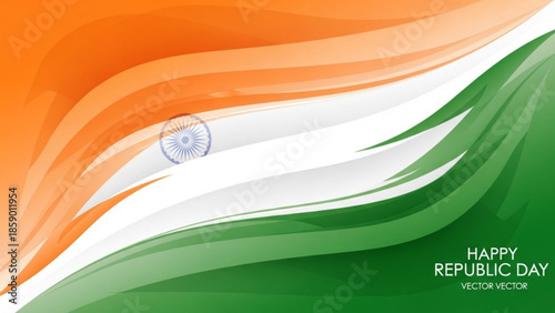Celebration of Republic Day with flowing Indian flag colors and emblem in vector illustration