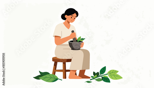 Woman grinding herbs in mortar and pestle with leaves around