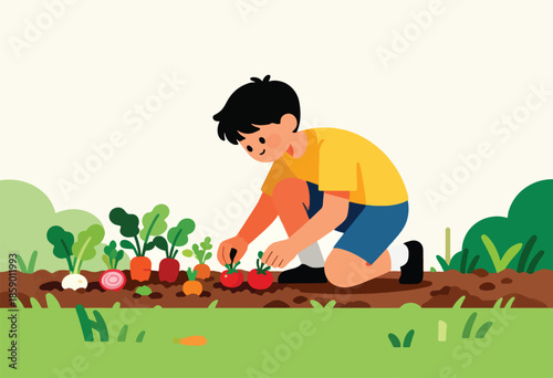 A child tending to vegetables in a garden, with plants and soil visible