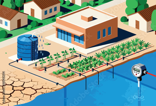 Efficient water management Irrigation system feeds crops from reservoir to prevent drought