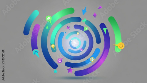 Vibrant abstract illustration of swirling shapes and colors in a circular motion around a central light source
