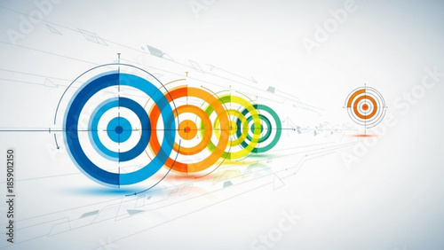 Concentric targets in a row on a white background with a blurred target in the distance