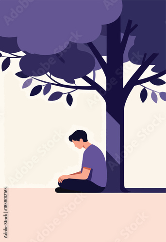 Person sitting under a tree, head bowed, in a minimalist style with muted colors