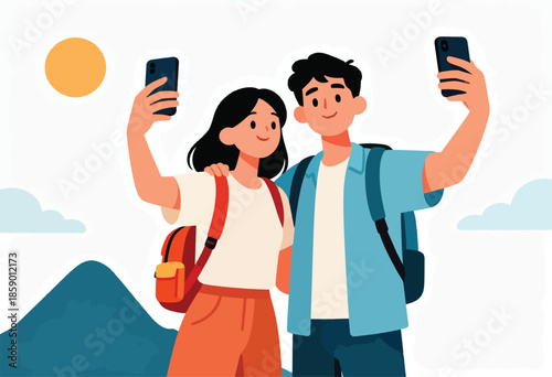 Happy couple with backpacks taking a selfie with phones on a trip