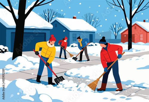 People shoveling snow from sidewalks in front of houses during a snowfall