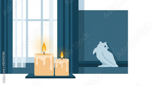 Candlelight illuminates a serene room with an owl figurine on a windowsill at dusk from inside