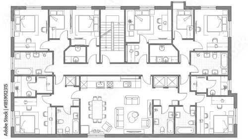 High-Quality Black Continuous Line Art of Student Dormitory Floor Plan with Shared Facilities