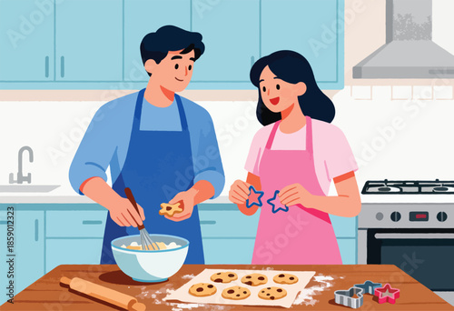 Couple happily baking cookies together in a kitchen