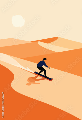 Person snowboarding down sand dunes under a pale sun