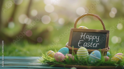 Wallpaper Mural  Vibrant easter basket with colorful eggs and happy easter sign on wooden table Torontodigital.ca
