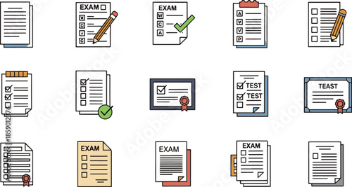 Education Exam and Academic Certification Icon Set - Flat Vector Illustration