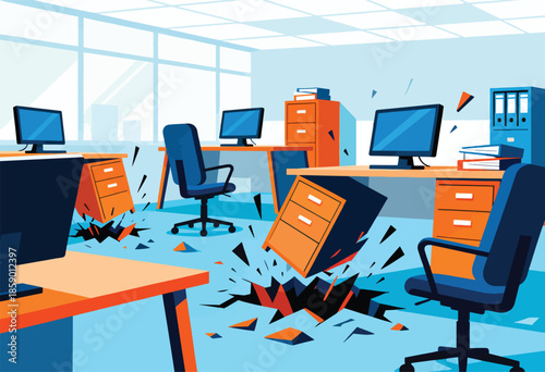 Office furniture collapses through floor, scattering debris