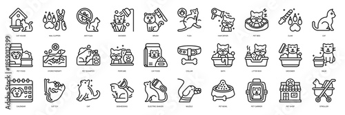 Cat Grooming line style. Containing Cat House, Nail Clipper, Anti Flea, Shower, Brush, Flea, grooming
