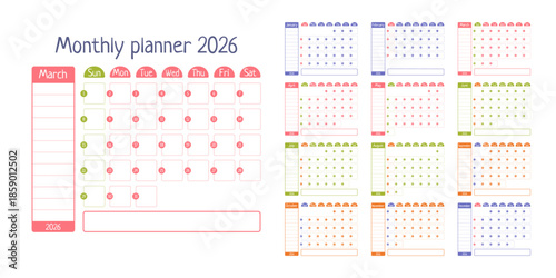Colorful Monthly Planner Layout With Calendar Featuring Compact Month Grids, Pastel Icons, Habit Dots, Large