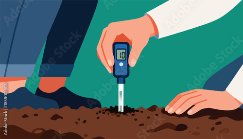 People testing soil with a device, examining the ground