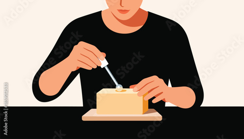 Person applies drops to a block of butter with a dropper