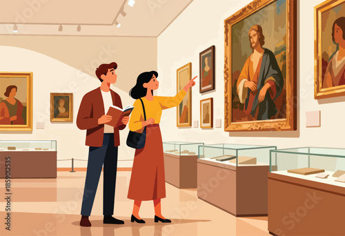 Couple observing paintings at a museum with a book