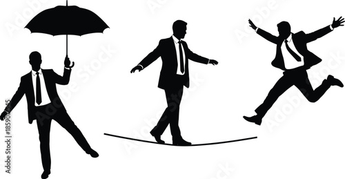 Businessman silhouette balancing and jumping with umbrella, risk management and leadership concept illustration isolated on white background vector design