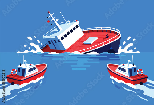 Sinking ship lists precariously as rescue boats approach