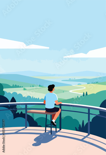 Person in light blue shirt sits on stool at balcony railing, enjoying scenic view