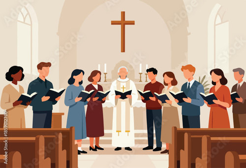 Diverse choir singing hymns in a church, holding open books near a pulpit