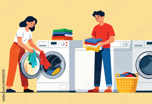 A couple doing laundry together, folding clothes and loading washing machines