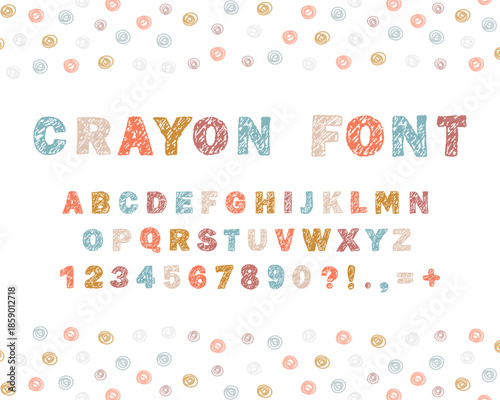 English alphabet crayon. Playful ABC with wax crayon and pen texture. School or kindergarten learning projects. Vector illustration.