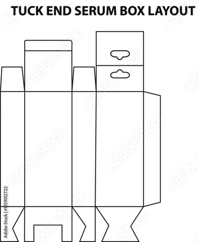 Tuck end serum box dieline layout template with hanging tab for cosmetic product packaging