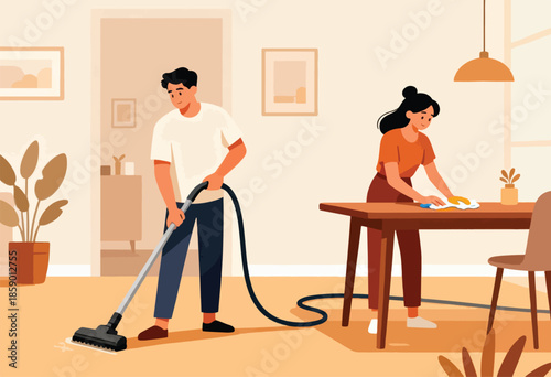 Couple cleaning house together, vacuuming floor and wiping table