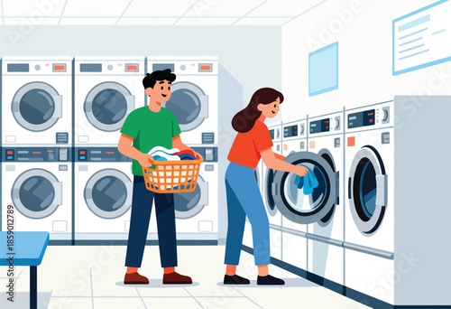 People at a laundromat, loading clothes into washers and carrying laundry baskets