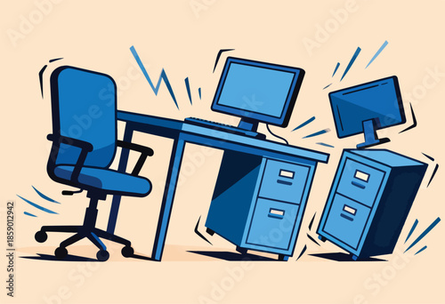Overwhelmed office setup with a shaky desk, tumbling chair, and filing cabinets falling