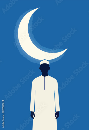 Silhouette of a person wearing traditional attire stands beneath a crescent moon