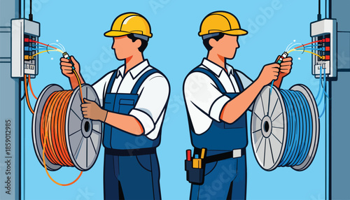Technicians installing fiber optic cables, connecting wires to a distribution box