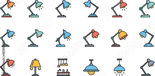 Modern Desk Lamp and Interior Lighting Fixture Icon Set - Flat Vector Illustration