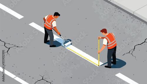 Two workers in safety vests mark a road with paint and measuring tape