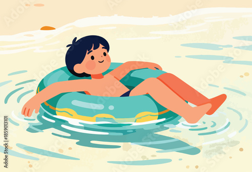 A child floats on an inflatable ring in calm water near a sandy beach