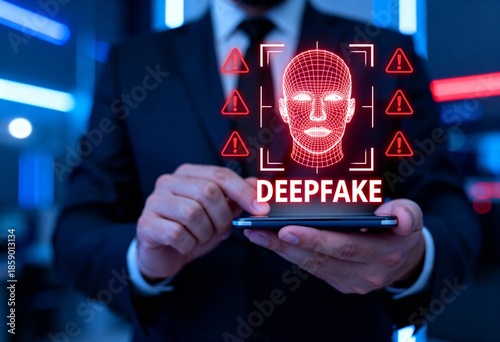 Deepfake Warning Concept with Facial Recognition Scan and Red Alert Symbols on Digital Display