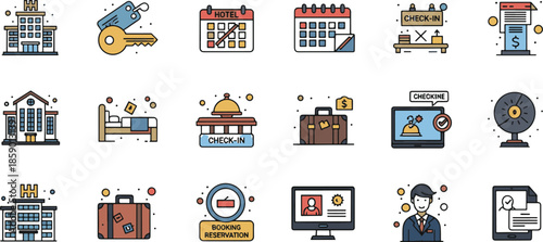 Flat Line Icon Set for Hotel Booking, Vacation Planning, and Travel Services