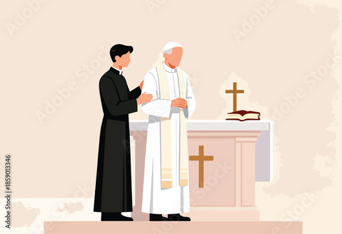 Clergy stand near an altar with a cross and open book