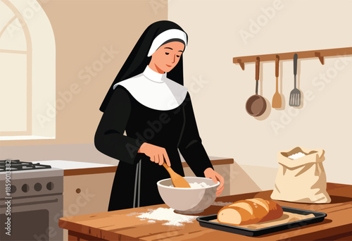 Nun mixing ingredients in a kitchen with a loaf of bread