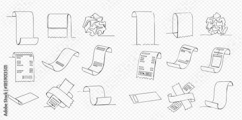 Set of hand-drawn paper scrolls, crumpled sheets, and payment receipts in sketch style.