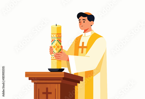 Cleric in vestments holds a decorated candle on a wooden stand