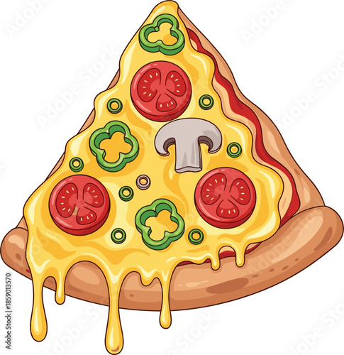 Delicious vector illustration of a thick-crust pizza slice with melting dripping cheese topped with fresh tomato slices, green bell peppers, and a mushroom.