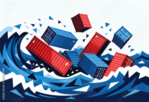 Shipping containers tumble precariously in rough, abstract ocean waves