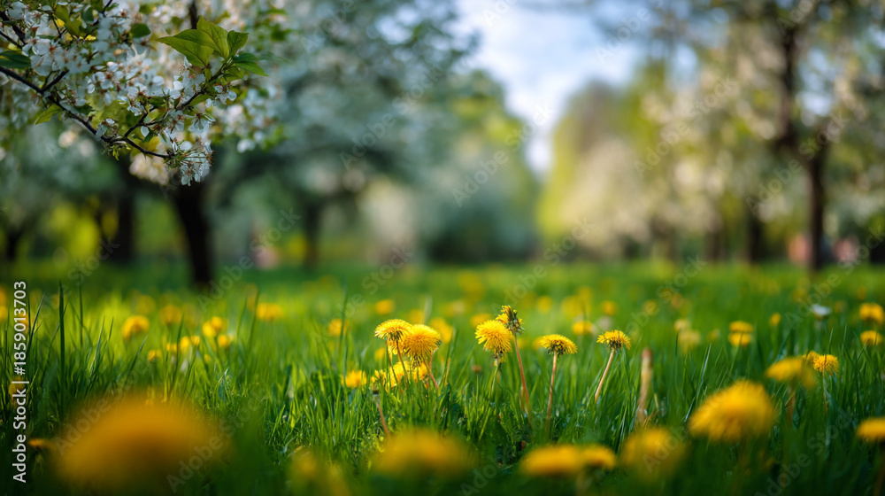 Obraz premium Sunny orchard with yellow dandelions in green grass under white blossoming fruit trees in springtime